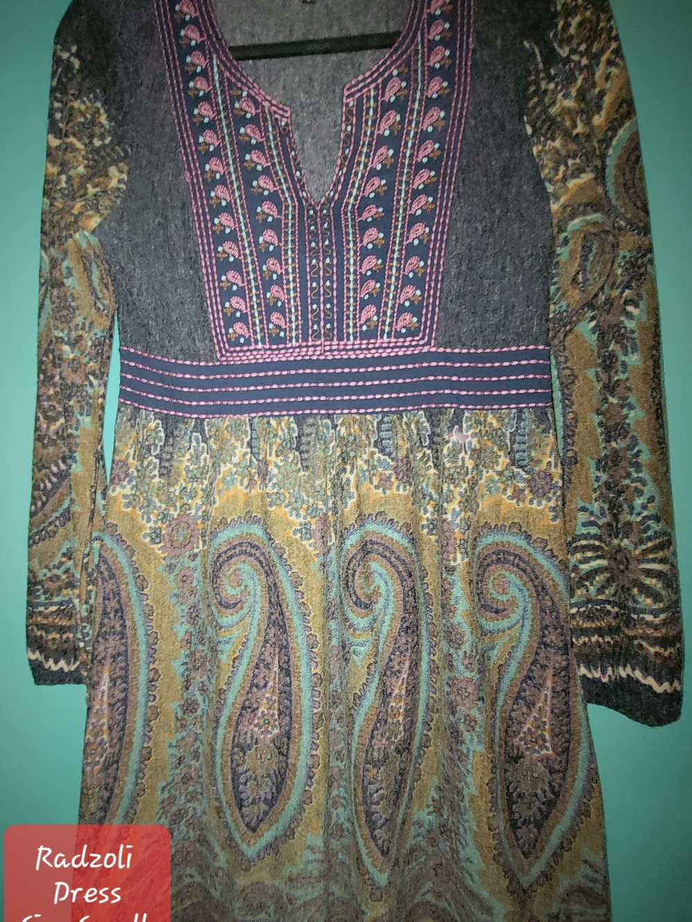 Radzoli Paisley Long Sleeve Midi Dress in Teal, Mustard and Pink Embroidery